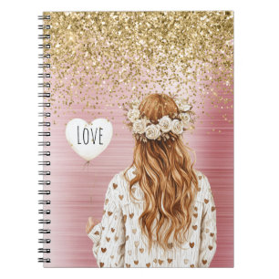 Carnet Ballon Cœurs Blancs Pailleté Or Tête Rouge Femme