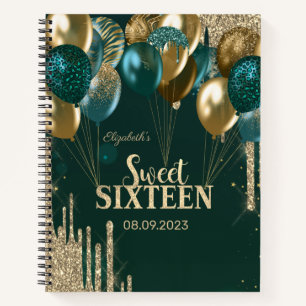 Carnet Ballons gouttes de paillettes dorées Sweet 16 vert