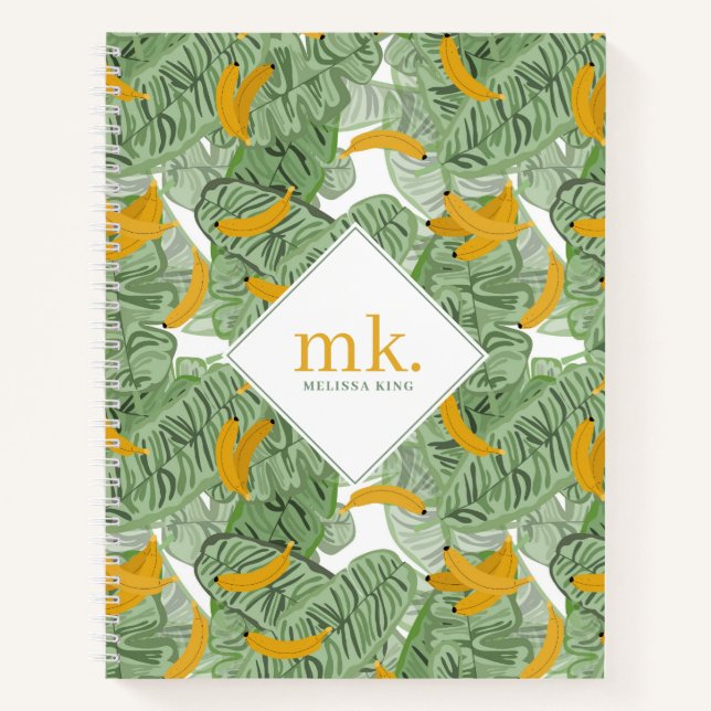 Carnet Banane tropicale moderne vert Motif Monogramme (Devant)