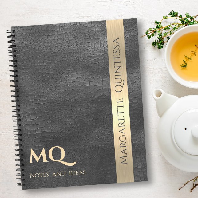 Carnet Bande d'or en cuir noir professionnel Monogramme (Créateur téléchargé)