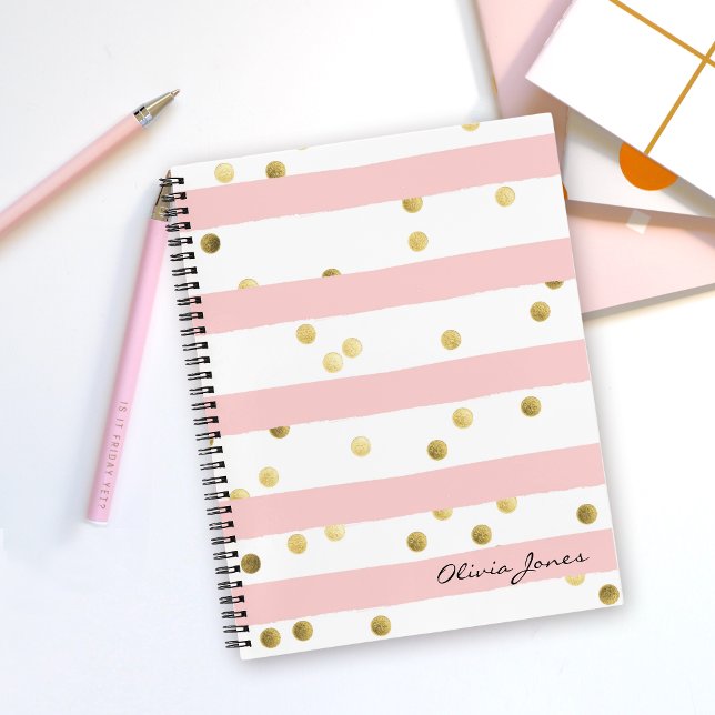 Carnet Bandes et points roses mignons avec nom (Personalize this notebook with your name or other desired text.)