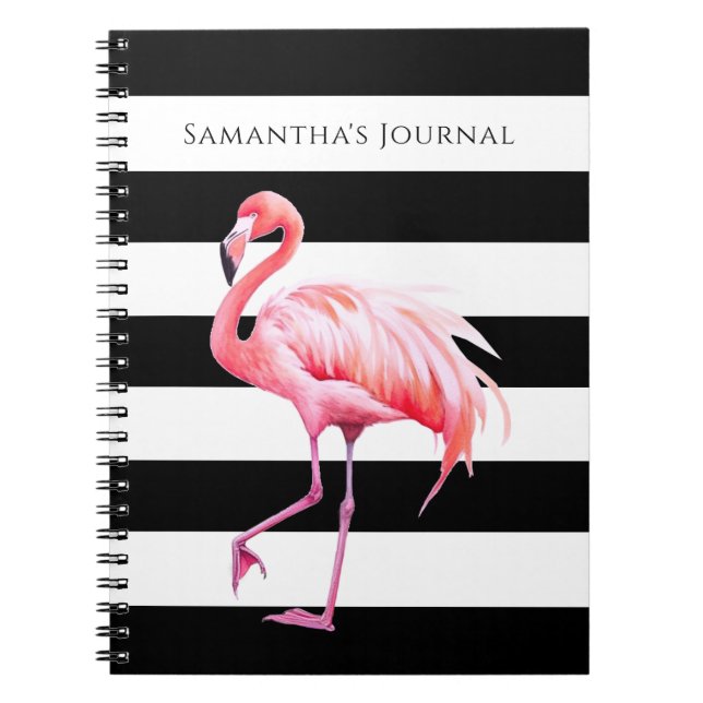 Carnet Bandes noires et blanches Flamant rose rose Nom pe (Devant)