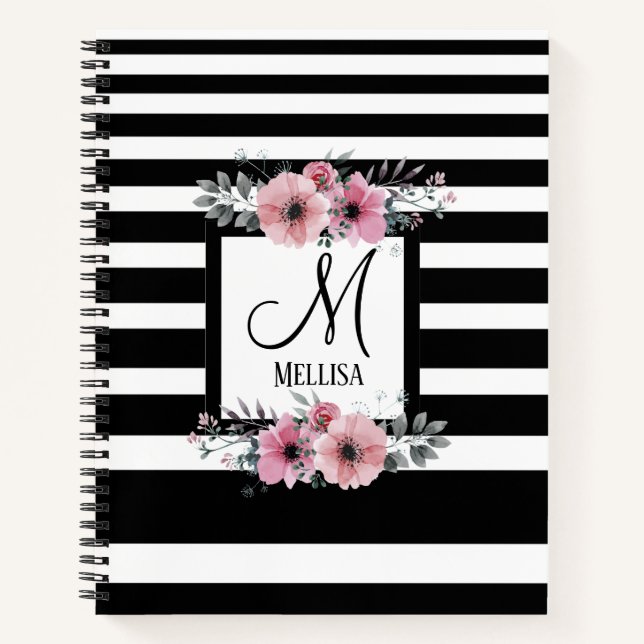 Carnet Bandes noires et blanches Monogramme floral rose (Devant)