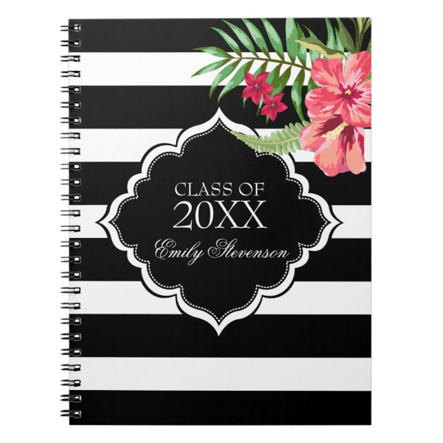 Carnet Bandes Noires Et Hibiscus Roses-Graduations (Devant)
