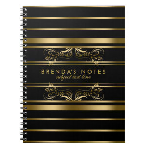 Carnet Bandes Or Et Noir Avec Dentelle Florale Or