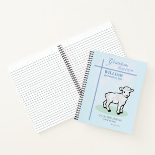 Carnet Baptême de petit-fils bleu agneau personnalisé
