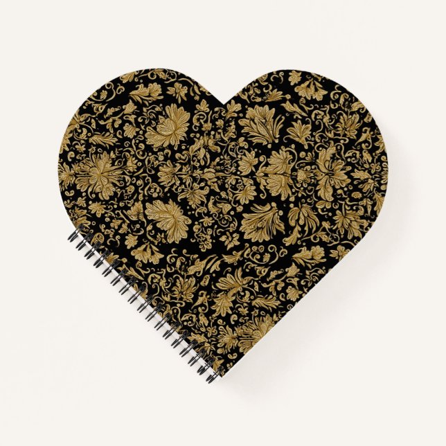 Carnet Baroque Floral Doré Tout sur Fond Noir (Devant)