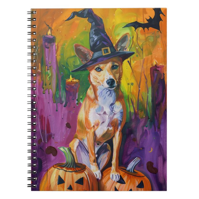 Carnet Basenji Fantôme Sorcière et Citrouille d'Halloween (Devant)