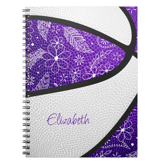 Carnet Basket-ball à plumes boho violettes et blanches (Devant)