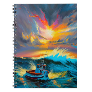 Carnet Bateau de l'océan tempétueux frappant des vagues c