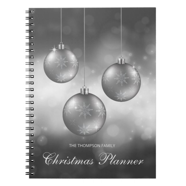 Carnet Baubles de Noël gris argenté avec texte personnali (Devant)