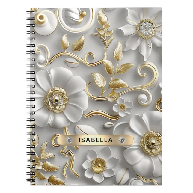 Carnet Beau Blanc Et Or 3D Floral Nom Personnalisé (Devant)