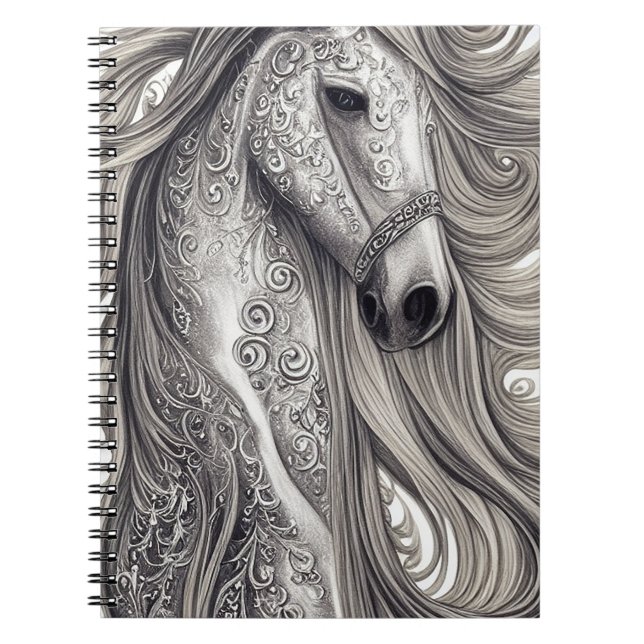 Carnet Beau Cheval Gris Argent Orné avec/ Flower Mane (Devant)