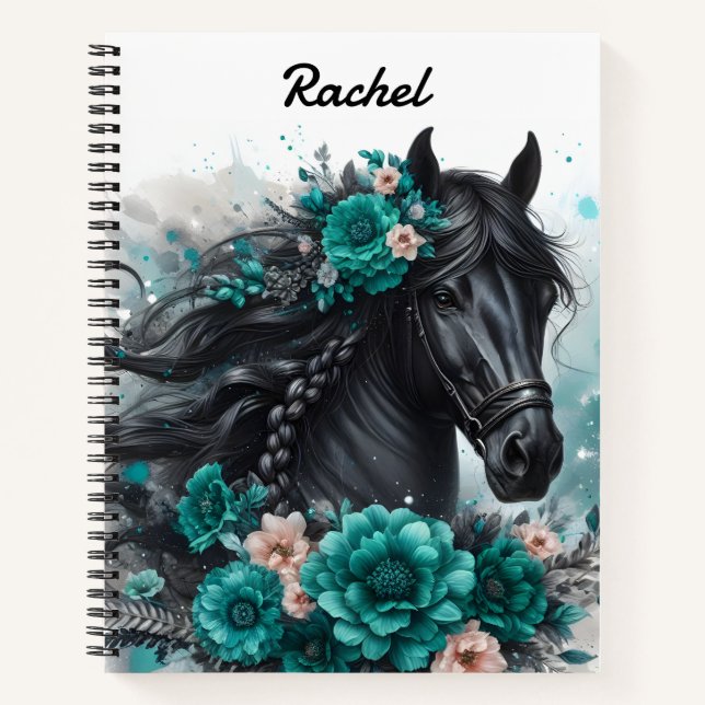 Carnet Beau Cheval Noir avec Fleurs Turquoise (Devant)