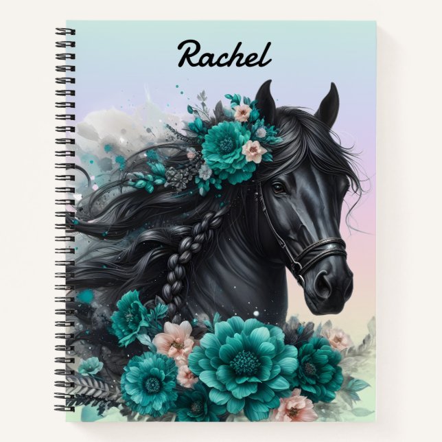 Carnet Beau Cheval Noir avec Fleurs Turquoises (Devant)