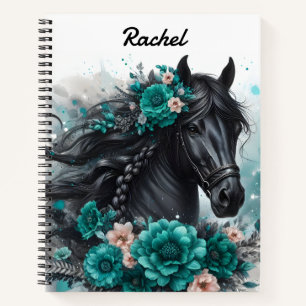 Carnet Beau Cheval Noir avec Fleurs Turquoises