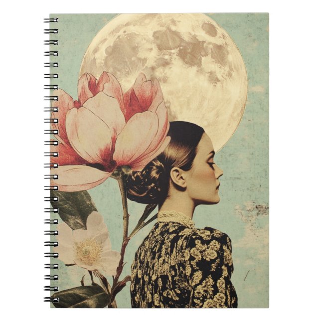 Carnet Beauté Lune - Femme avec Fleur Rose et Lune (Devant)