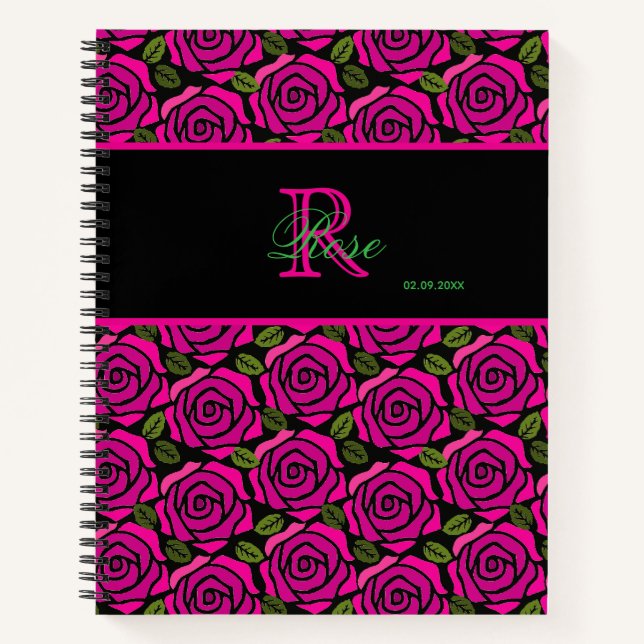 Carnet Beautiful Girly Hot Pink Roses Name Monogram  (Devant)
