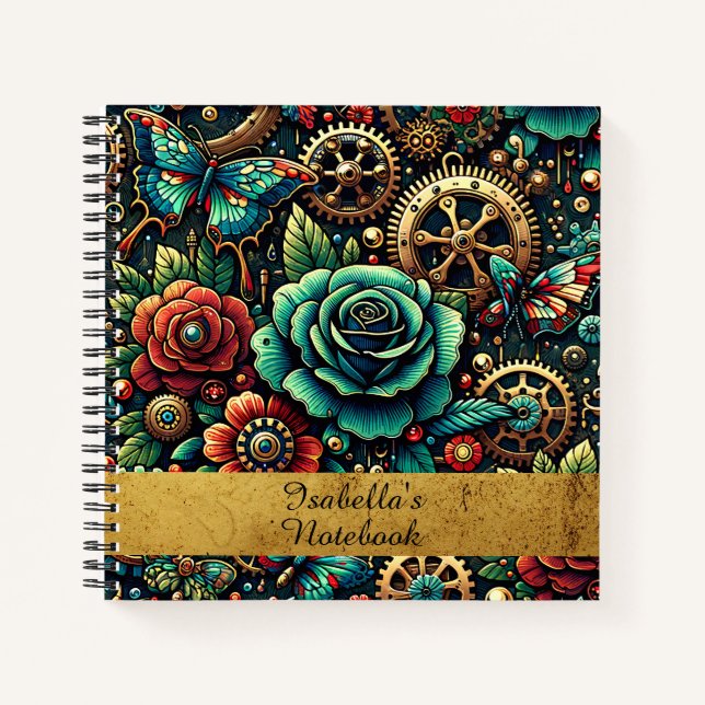 Carnet Beaux engrenages et roses sur le thème Steampunk (Devant)
