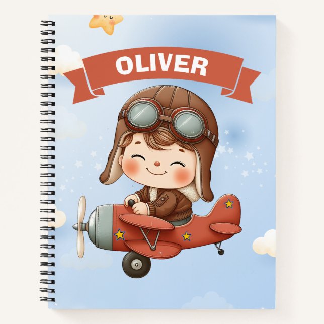 Carnet Bébé Aviateur Rêveur dans un Avion Rouge (Devant)