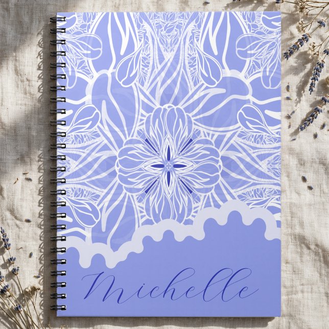 Carnet Bébé bleu et blanc floral dessiné à la main (Blue flower leaf cream notebook. Michelle name area you can customize. Stylish & personal.)