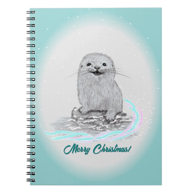 Carnet Bébé loutre de mer blanche mignonne, Joyeux Noël (Devant)