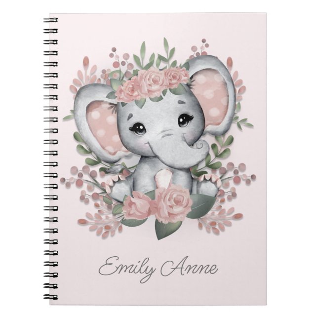 Carnet Bébé mignon éléphant rose Floral Nom de l'enfant (Devant)