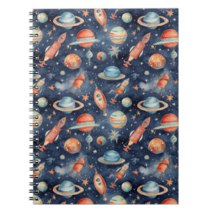 Carnet Bébé mignon Espace Planète Aquarelle Bleu Orange