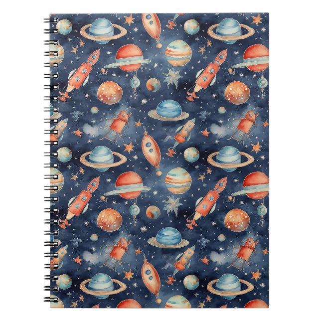 Carnet Bébé mignon Espace Planète Aquarelle Bleu Orange (Devant)