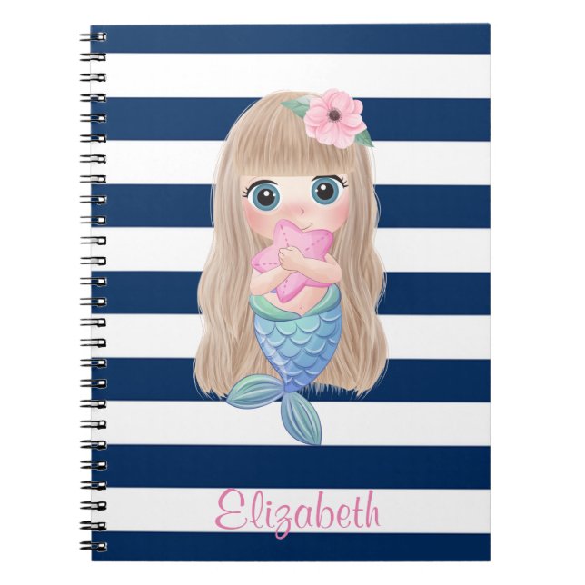 Carnet Bébé sirène mignonne rayures bleu marine (Devant)
