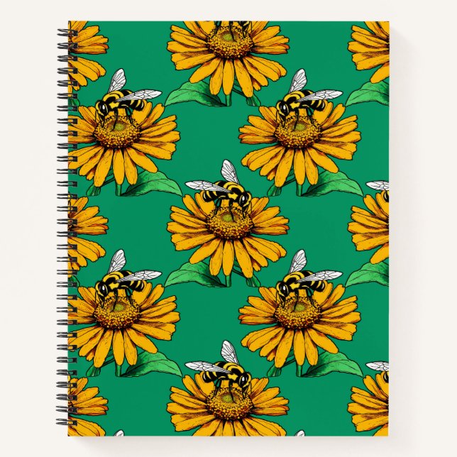 Carnet Bee on Sunflower Flower Pattern Design Green  (Devant)