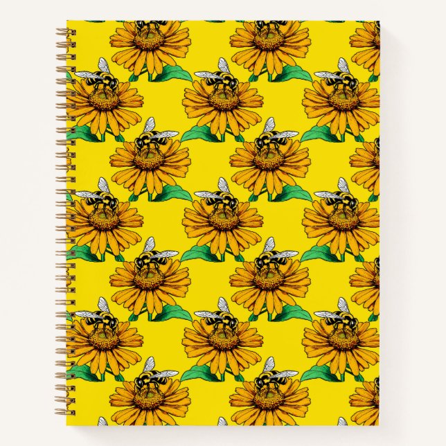 Carnet Bee on Sunflower Flower Pattern Design Yellow  (Devant)
