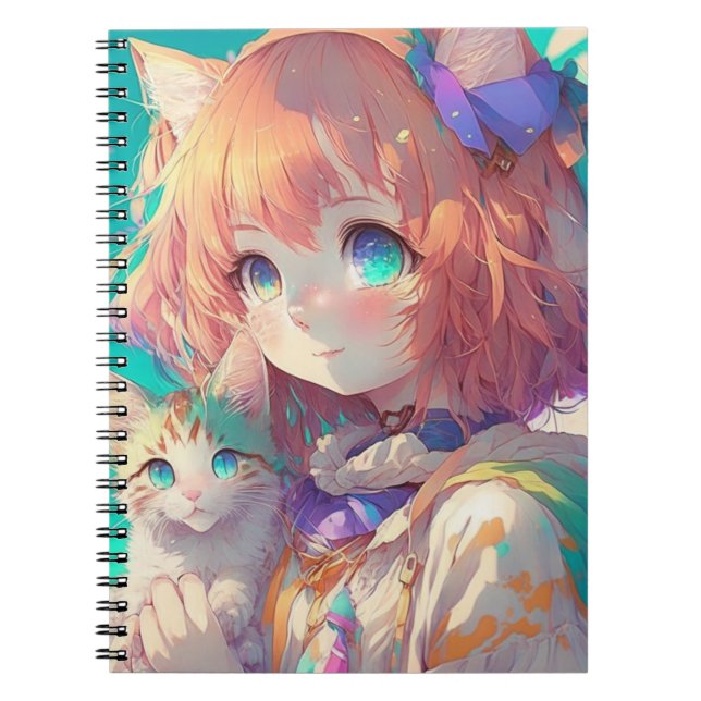 Carnet Belle Fille Anime avec un Chaton Mignon (Devant)