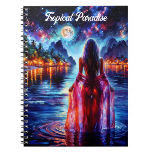 Carnet Belle fille regardant l'eau nocturne lumineuse