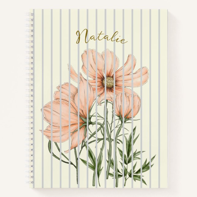 Carnet Belle oeuvre pastel rayures blanches Pink floral (Devant)
