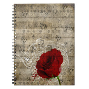 Carnet Belle rose rouge notes piano tourbillonné