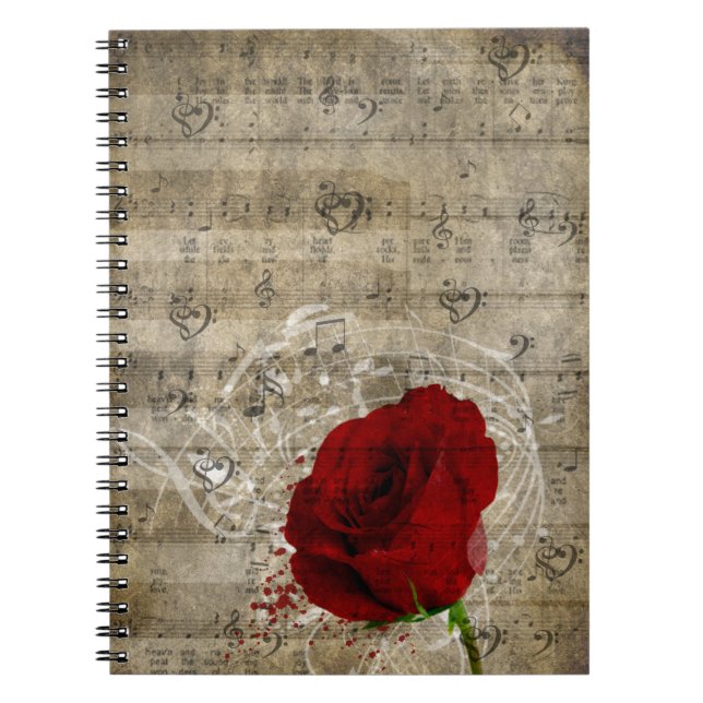 Carnet Belle rose rouge notes piano tourbillonné (Devant)