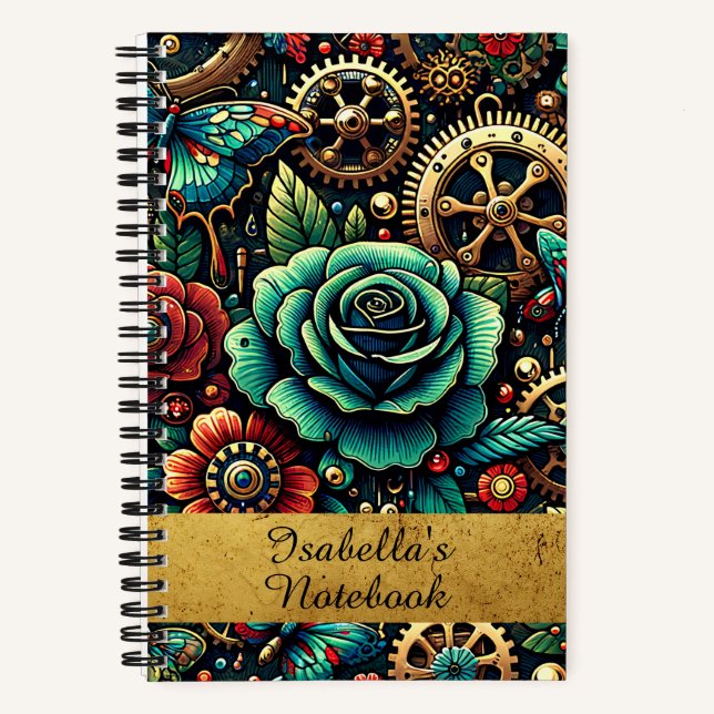 Carnet Belles engrenages et roses sur le thème Steampunk (Recto)