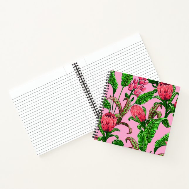 Carnet Belles feuilles vertes tropicales avec fleurs roug (Intérieur)