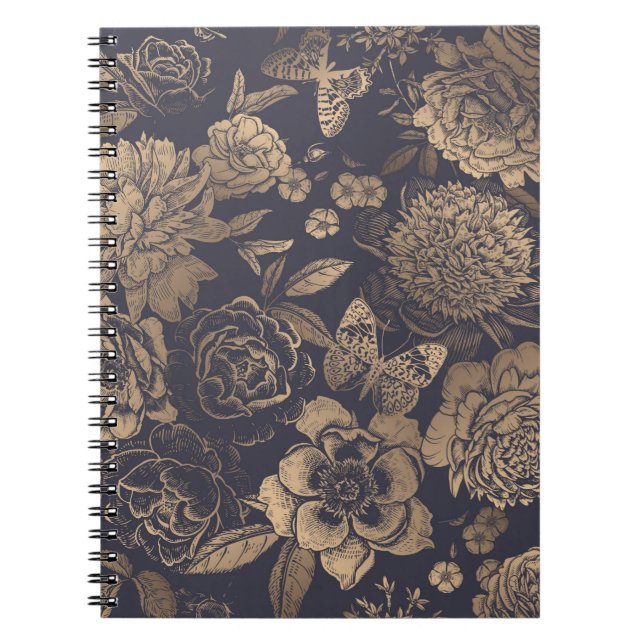 Carnet Belles pivoines de fleurs, roses et papillons. (Devant)