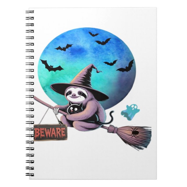 Carnet Beware Cute Witch Sloth Flying on Broom Halloween  (Devant)