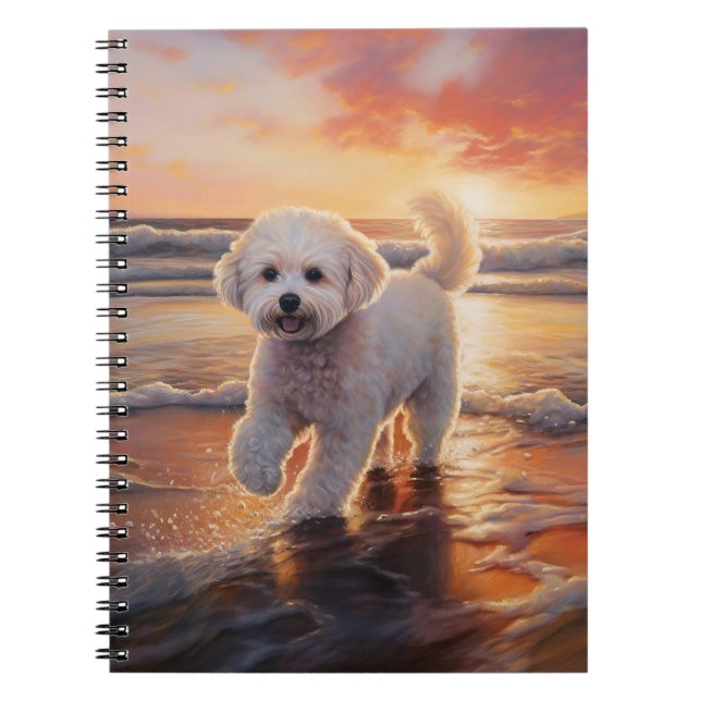 Carnet Bichon Frise Sandy Paws sur la plage au coucher du (Devant)