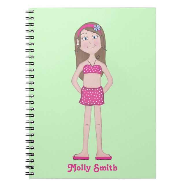 Carnet Bikini rose, peau claire avec brunette et yeux ble (Devant)