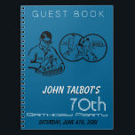 Carnet Binocular Soccer 70th Birthday Party Guest Book<br><div class="desc">Illustration vintage d'un homme utilisant des loupes pour do-it-yourself précision ou des passe-temps. Illustration du sport à droite du personnage. Carnet en spirale personnalisable spécial comme livre d'or de 70e anniversaire. Vous pouvez facilement modifier le texte (police, taille, couleur et position) et la couleur arrière - plan en cliquant sur...</div>