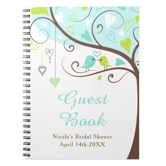 Carnet Birds Hearts Tree Blue and Green Bridal Shower (Devant)