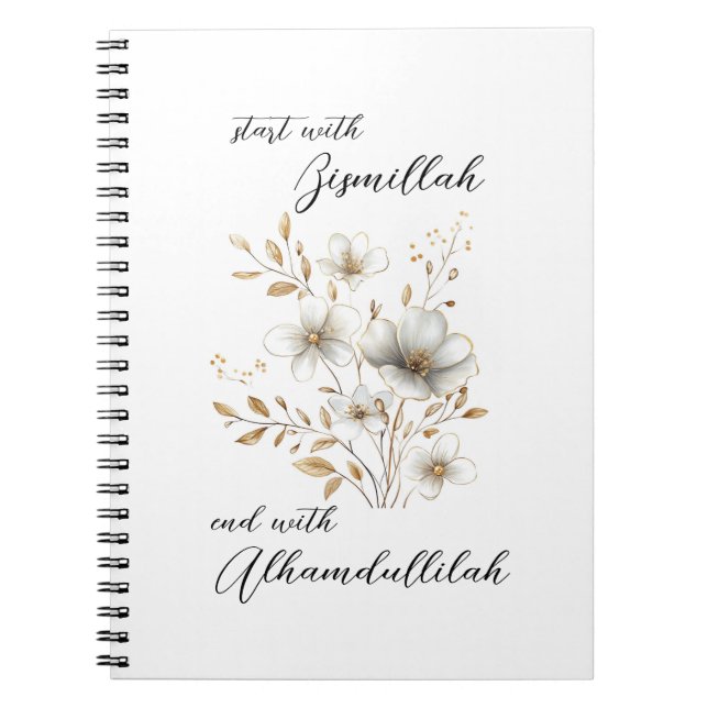 Carnet Bismillah Alhamdullilah Fleur Blanc Or (Devant)