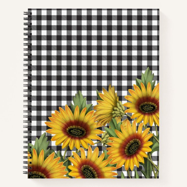 Carnet Bison noir et blanc Plaid Tournesols jaunes (Devant)