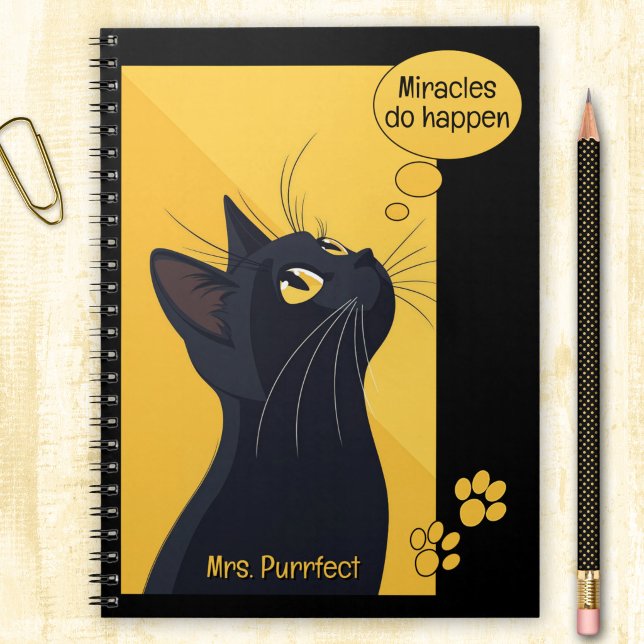 Carnet Black Cat Thought Bubble Custom Name (Notebook featuring a black cat looking up at a golden thought bubble with custom quote - cat lovers)