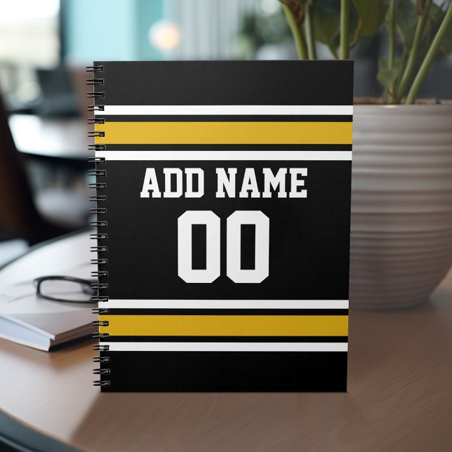 Carnet Black Gold Football Jersey Nom personnalisé Numéro (Personalized notebook with Sports Jersey Football Design - Custom Name and Other Text)