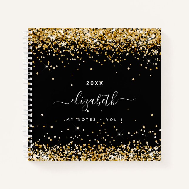 Carnet Black gold glitter name script (Devant)